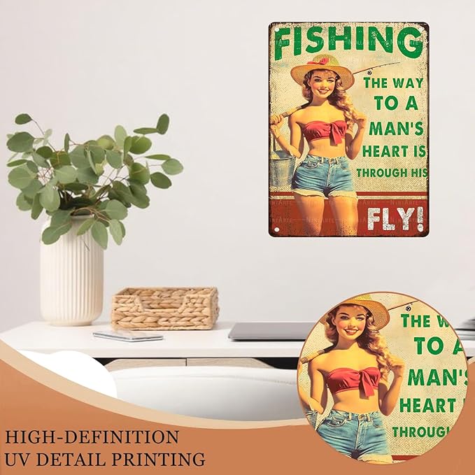 Pin Up Girl Fishing Metal Tin Sign The Way to A Man's Heart Through His Fly Vintage Sign for Wall Art Decor for Home Angler Wall Decor Cafes Lake House Seascape Decor 12X16Inch