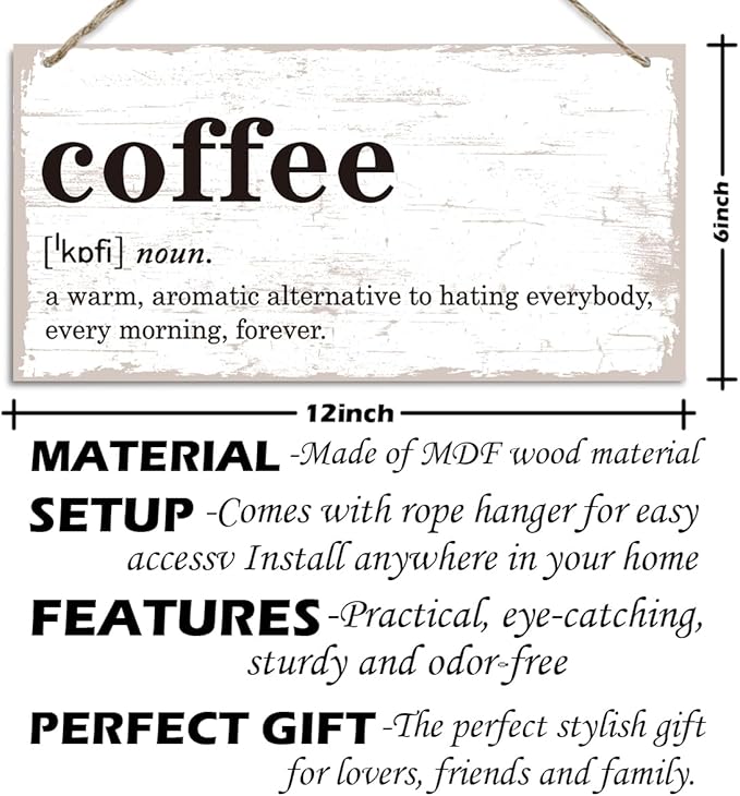 Coffee Definition Wooden Sign, Coffee Bar Sign Wall Decoration, Vintage Kitchen Decor, Wood Grain Retro Decor Signs, Cafe Decoration with Rope Hanging 12 x 6 Inches