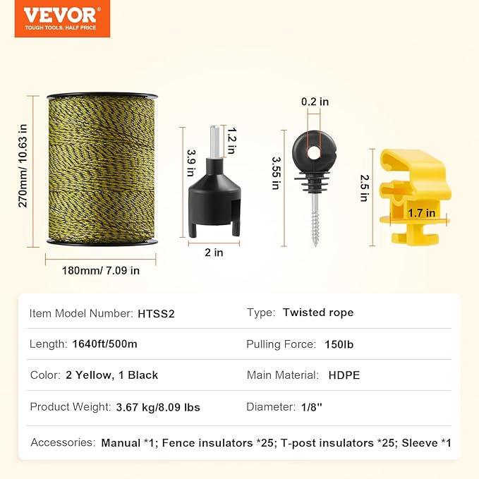 VEVOR Electric Fence Wire, 1640Ft 500M Portable Polywire, 1/8" Diameter 6 Stainless Steel Strands, Fencing Rope Line with 25 Fence Insulators and 25 T-Post Insulators, for Horse, Cattle, Livestock