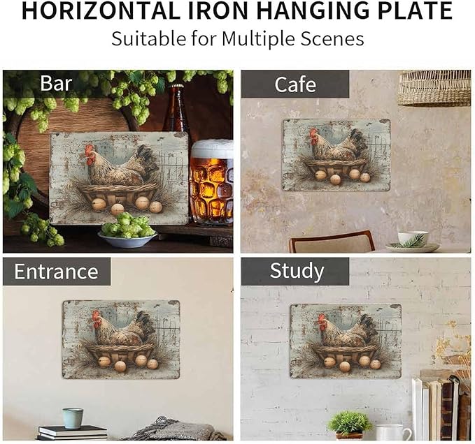 Rustic Farmhouse Hen Chicken in Basket with Eggs tin sign Vintage Rustic Farmhouse Chicken and Eggs metal sign print Suitable for room bathroom cave bar cafe garage garden and outdoor decoration
