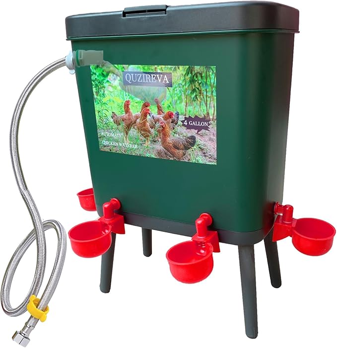 Automatic Chicken Waterer Self-Filling Float Controlled Poultry Water Feeder 4 Gallon Free-Standing Chicken Water Fountain Dispenser Auto Chicken Watering System Pigeon Bird with Hose and Water Cups