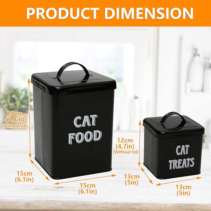 Morezi Cat Food Storage Container Farmhouse Pet Food Treats holder with Lid and Scoop, Perfect Sturdy Canister Tins for Kitchen Countertop, Shelf, Great Gift for Pet Owners - Cat Food - Black