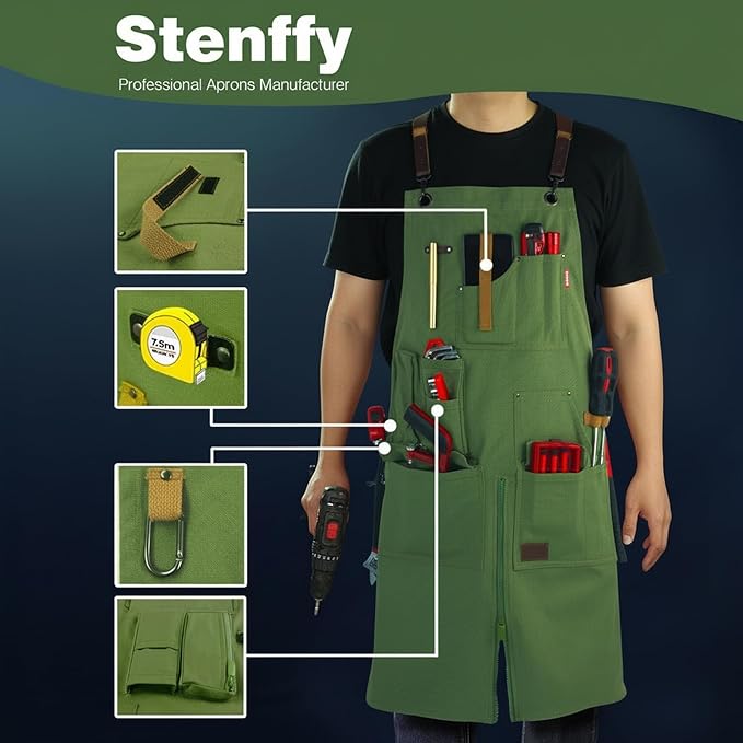 Woodworking Apron, Tool Apron, Canvas, Multiple Pockets, Adjustable Zipper, Metal Ring, Tape Measure Clip, Plus Size, Olive