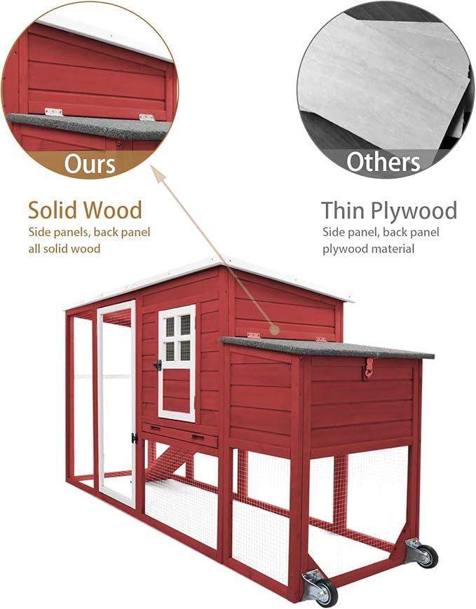 Chicken Coop Solid Wood with Large Run Cage 2 Stories - Asphalt Roof, Nest Box, Pu Wheels, Pole Chicken Perch