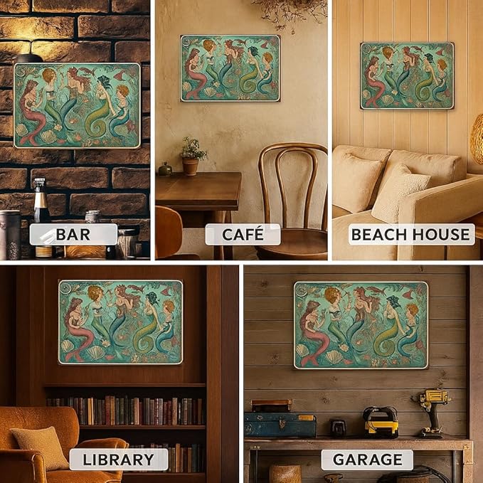 Vintage Mermaid Metal Tin Sign - 12X8" | Rust-Proof & Waterproof Wall Art For Home, Office, Bar, Cafe, Library & Garage Decor
