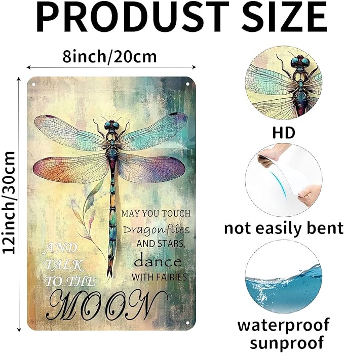 Vintage Dragonfly Tin Signs May You Touch Dragonflies And Stars Dance With Fairies Metal Sign Wall Decor for Garden Yard Home Bedroom Living Room 12×8 Inch