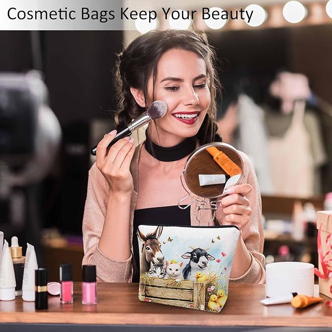 Makeup Bag Farm Animals Makeup Bags For Purse Pouch, Rustic Horse Pig Sheep Goat Calf Rabbit Travel Toiletry Bag Cosmetic Bag Makeup Bags Flax Makeup Organizer Bag Pencil Pouch For Man Woman