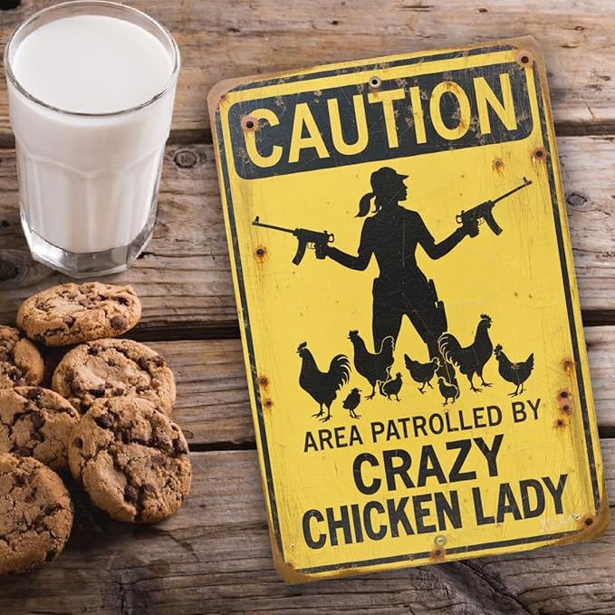 Crazy Chicken Lady Sign – Funny Caution Farm Sign, Vintage Metal Chicken Warning Wall Decor, Rustic Backyard Poultry Humor 8x12
