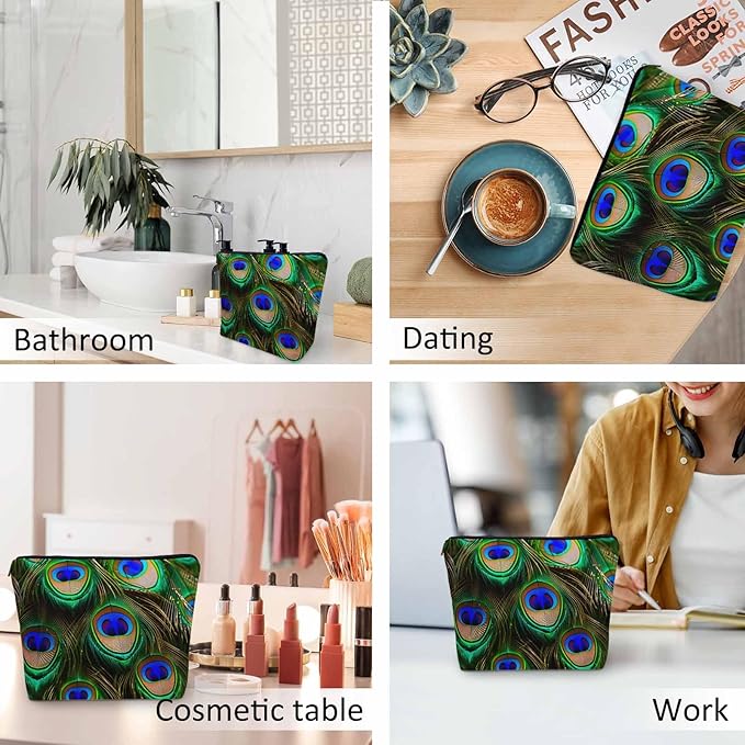 Peacock Feather Cosmetic Travel Bag For Toiletries, Tropical Peacock Feathers Makeup Bag Toiletry Bags For Women, Flax Cosmetic Bags Make Up Bag Purse Toiletries Bag, Green Turquoise