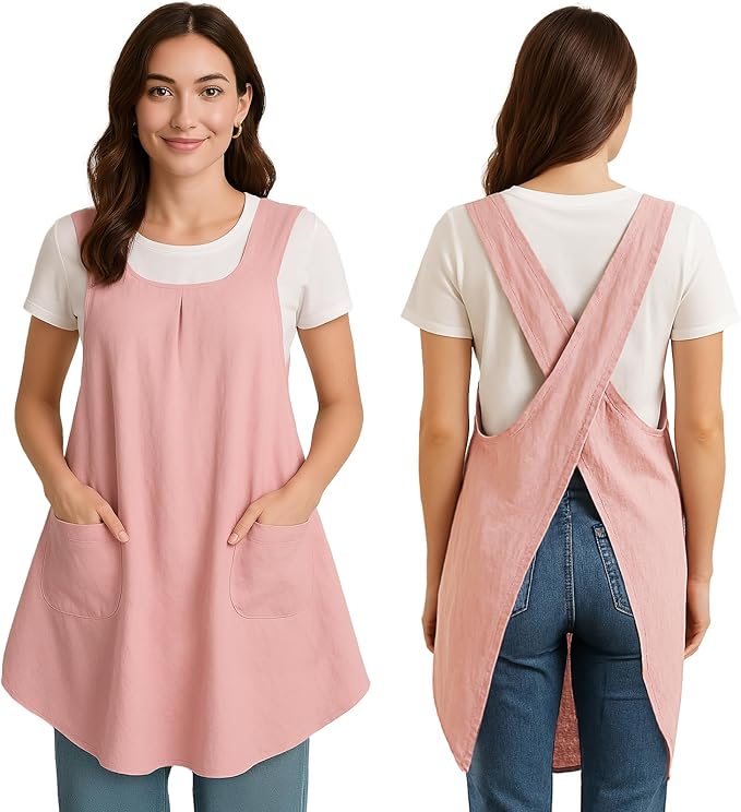 Apron for Women with Pocket Cotton Linen, Japanese Cross Back Apron for Gardening Painting