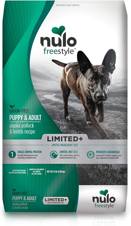 Nulo Puppy & Adult Freestyle Limited Plus Dry Dog Food: All Natural Ingredient Diet For Digestive & Immune Health - Allergy Sensitive Non Gmo (Alaska Pollock & Lentils Recipe - 22 Lb Bag)