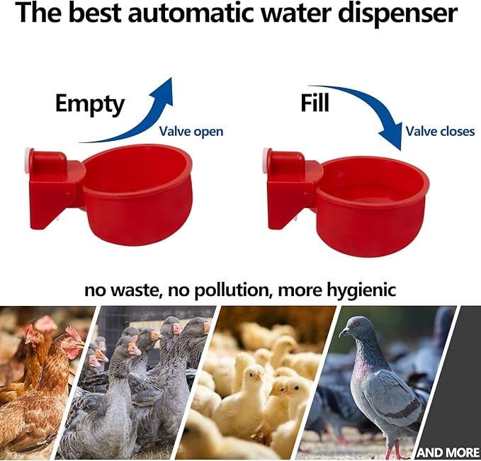 Chicken Waterer Cups 4 Pack Automatic Chicken Water Cups for Poultry LANARP Float Style Gravity Chicken Watering System Poultry Water Feeder Kit Chicken Waterer 5 Gallon with Mounting Hole Opener