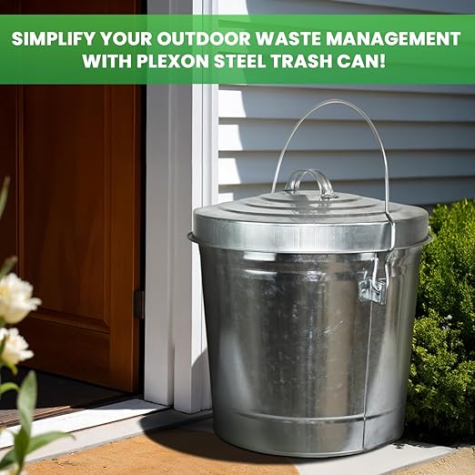Plexon 6 Gallon Small Metal Trash Can with Locking Lid Galvanized Metal Bucket for Poultry Feed Bird Seed Storage Ash Outside Garbage Can with Lid, 3 Pack