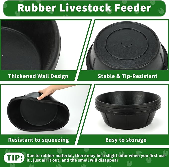 3Pcs Heavy Duty Rubber Feeder Pan, 8Q/2Gal Horses Feed Pan, Large Feed Bucket for Animal Feeding, Livestock Water Bowl Chicken Dust Bath Tub for Horse Goat Pig Dog Farm Livestock Poultry