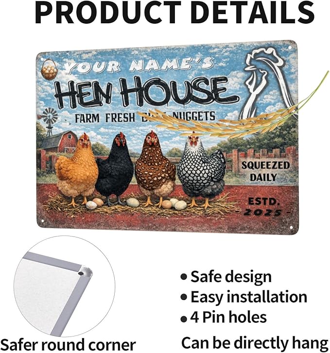 Personalized Hen House Sign with Your Name & Date, Funny Farm Fresh B-u-t-t Nuggets Saying, Custom Rustic Metal Plaque for Chicken Coop & Farmhouse Decor, Vintage Barn Wall Art