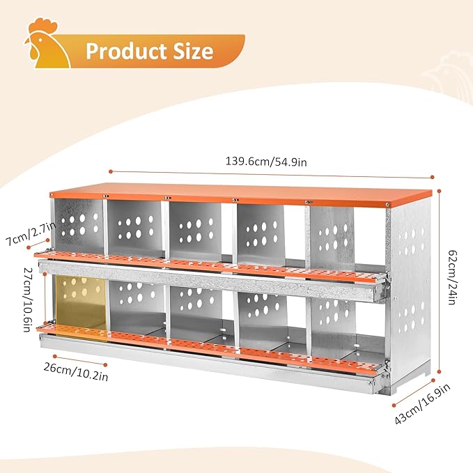Nesting Boxes for Chickens, 10 Compartment Chicken Nesting Box with Automatic Egg Collection, Chicken Coop Accessories Galvanized Steel, Roll Away Nesting Box for Chickens, Hens, Ducks