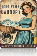 PEACHGARDEN Don't Worry Laundry Vintage Tin Sig Funny Sarcastic Retro Housewife Design Metal Tin 1950s Mom Laundry Sign Laundry Room Wall Decor for Home 12x16inch