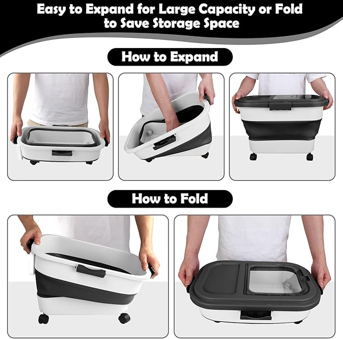 Dog Food Storage Container, 20Lbs Large Collapsible Pet Cat Food Container with Airtight Lids Wheels Handle Scoop Measuring Cup Small Container, Rice Kitchen Dry Food Storage Dispenser Bin (Black)