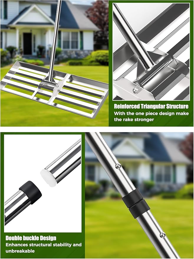 Lawn Leveling Rake 30"x10", Professional-Grade Stainless Steel Lawn Leveler Tool with 78" Adjustable Handle, Heavy Duty Anti-Fracture Connectors, Landscape Rake for Backyard, Garden, Golf Course, Farm