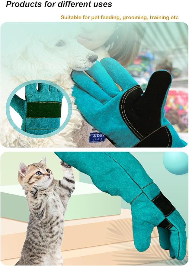 23.6'' Leather Animal Handling Gloves,Bite Proof Multipurpose Pet Glove for Dog,Cat Scratch,Falconry Gloves Grabbing Reptile (Light Green)