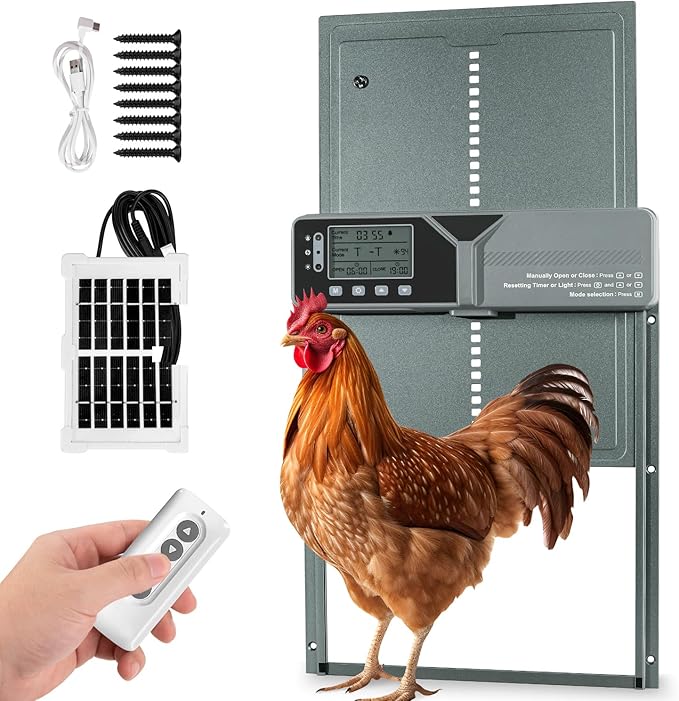 Large Automatic Chicken Coop Door, Solar Powered with Upgraded 4000mAh Battery, Light Sensor, Timer, Remote & Manual Control, Anti-Pinch Safety Auto Door for Chickens, Ducks & Geese, Blue
