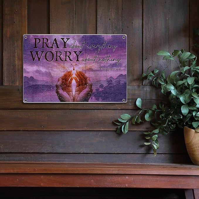 Pray About Everything Worry Nothing Philippians 46 Metal Sign 12 x 8 Inch Christian Home Wall Decor Inspirational Religious Faithbased Room Decoration Vintage