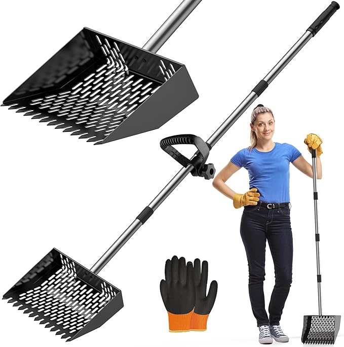 Chicken Poop Scooper & Rake 2-in-1, Adjustable Chicken Coop Pooper Shovel (35 to 62"), Sifting Litter Shovel Scoop for Chicken Coop/Goat Stall/Stable Cleaning Tool