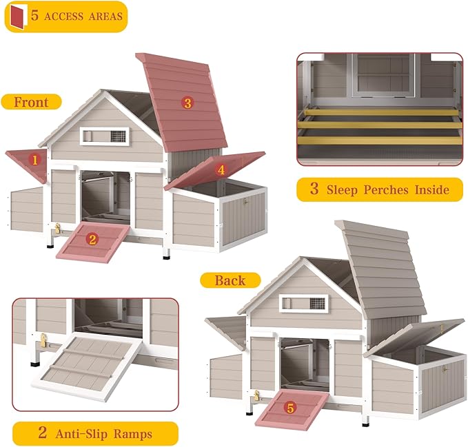 Large Chicken Coop Outdoor, Expandable Hen House with 6 Nesting Boxes, Rabbit Hutch Bunny Cage Poultry for 2-5 Chickens with 3 Perches, Leakproof Pull-on Tray and Rampy(61" L x 33.5" W x 40.2" H)