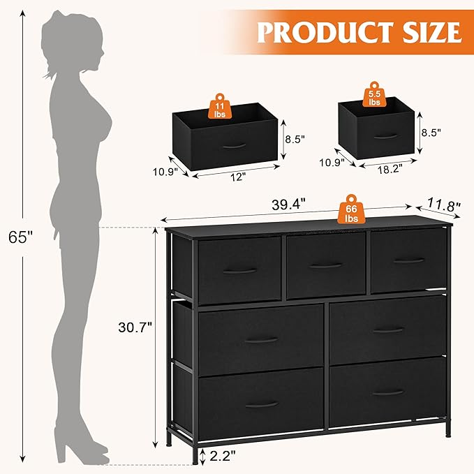 WelFurGeer 7-Drawer Fabric Dresser with Metal Frame, Dressers & Chests of Drawers, White Chest of Drawers for Bedroom, Hallway, Entryway, Closets, Kids Room Organization, Black