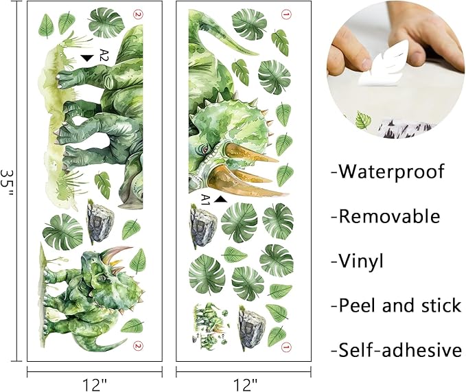 Mfault Watercolor Dinosaur Wall Decals Stickers, Jungle Green Dino Triceratops Monstera Palm Leaves Nursery Decorations Kids Bedroom Art, Tropical Plant Block Baby Boys Toddlers Playroom Home Decor