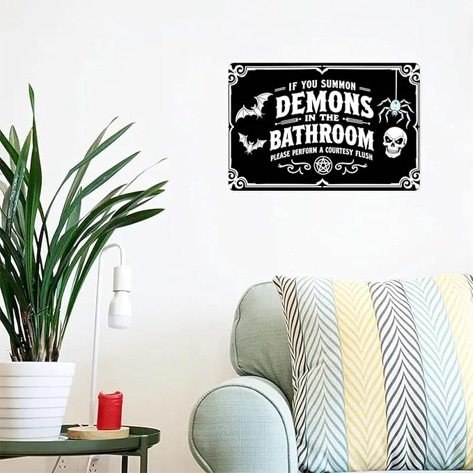 Demons Bathroom Rules Tin Sign Vintage Gothic Decor Metal Sign Print Aesthetic for Garden Yard Bar Porch Home Bedroom Kitchen Wall Decor Gift 8 X 12 in