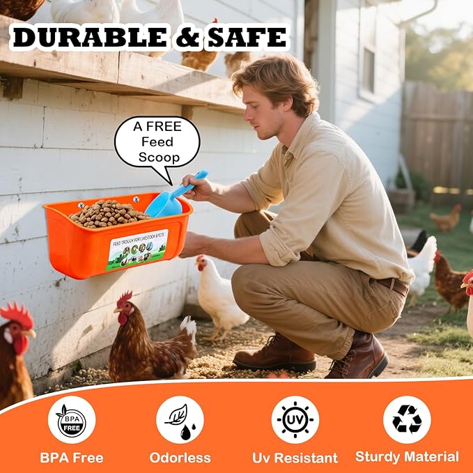3 Pack Chicken Feeder, Duck Feeder Supplies, Hanging Fence Feed Trough with Clips for Goat, Sheeple, Piglet, Gooses, Turkeys, Dog Livestock Poultry, 8 Quarts in Total, Feed Scoop Included, Orange
