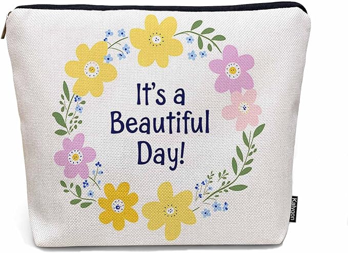 Makeup Bag Funny Quote Makeup Bags For Purse Pouch, Floral Wreath Travel Toiletry Bag Cosmetic Bag Makeup Bags Flax Makeup Organizer Bag Pencil Pouch For Man Woman It's A Beautiful Day
