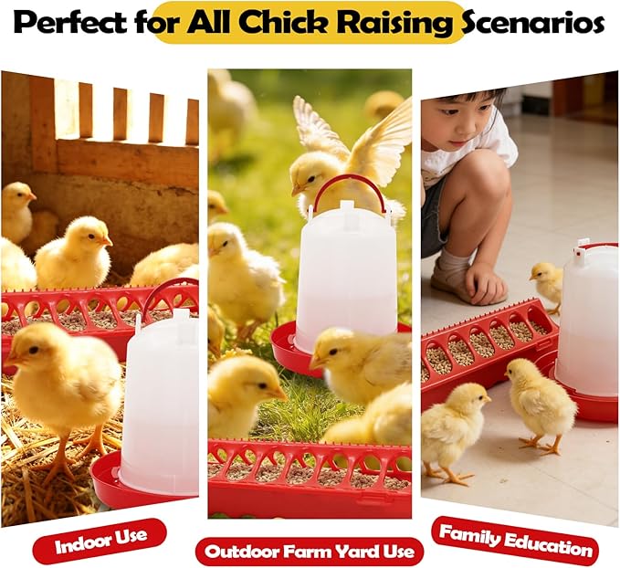 Chicken Feeder and Chicken Waterer Kit Set Automatic Chicken Hanging Poultry Waterer 3L kit-Flip Top Chick Feeder with 16 Feeding Hole