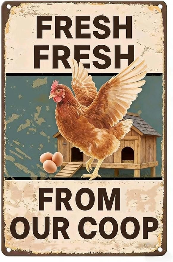 8x12 Inch Farm Chicken Metal Sign - Fresh Eggs Coop Wall Art for Farmhouse, Backyard & Chicken Coop Decor