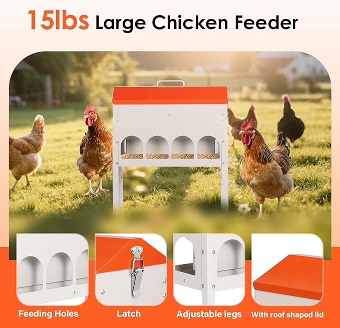15lbs Automatic Chicken Feeder - 10 Feeding Ports, No Waste Poultry Feeder Large Feeding Though Dispenser for Chickens Duck Turkey Pheasant Chicken Coop