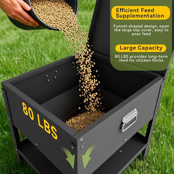 Large Metal Chicken Feeder, 80 LBS Heavy Duty Poultry Feeder Box with Waterproof Lid, No Waste Design for Hens, Roosters, Ducks, Suitable for Chicken Coops and Outdoor Use
