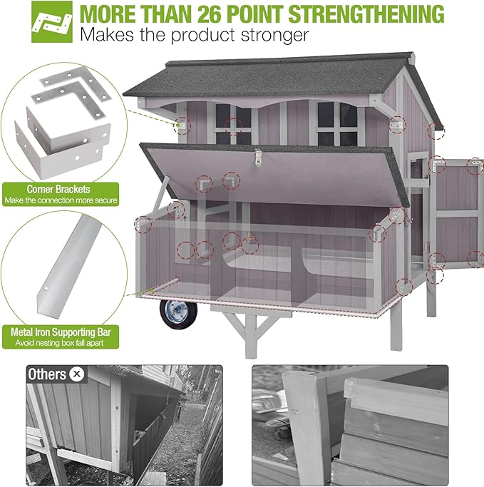 GUTINNEEN Chicken Coop Mobile Duck Coop with Super Large Wheels Durable Hen House 48.6" Outdoor Rabbit Hutch with Nesting Box for 3-6 Chickens