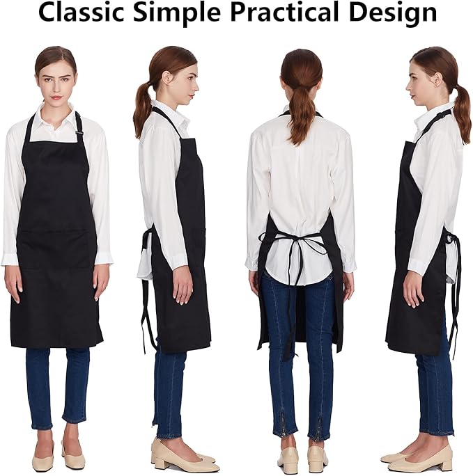 Jubatus 12 Pack 100% Cotton Aprons Bulk with 2 Pockets Cooking Chef Kitchen Adjustable Bib Apron for Women Men, Black