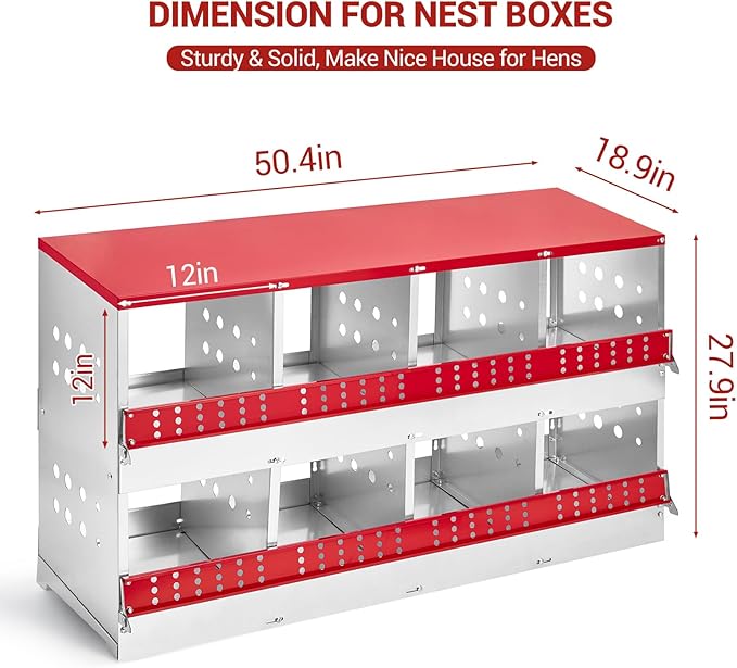 Heavy Duty Metal Chicken Nesting Box – 8 Compartments, Rollaway Egg Tray, Swing Perch, Easy Collection, Cleaning, Wall Mount, for Hens & Ducks, Without Cover-Red, 128×48×71cm