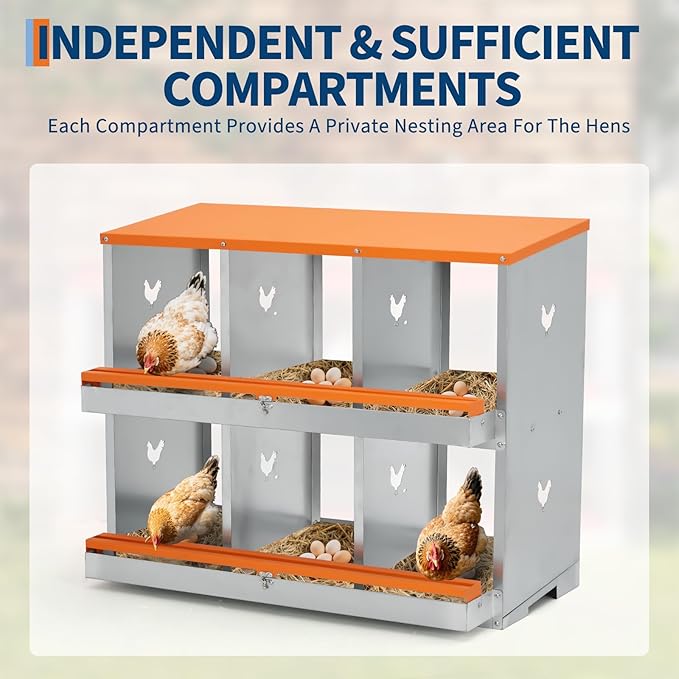 Chicken Nesting Box, 6 Compartments Two-Tier Galvanized Steel Egg Laying Box with Large Vented Holes, Wall Mountable Nesting Box for Easy Egg Collection, Orange