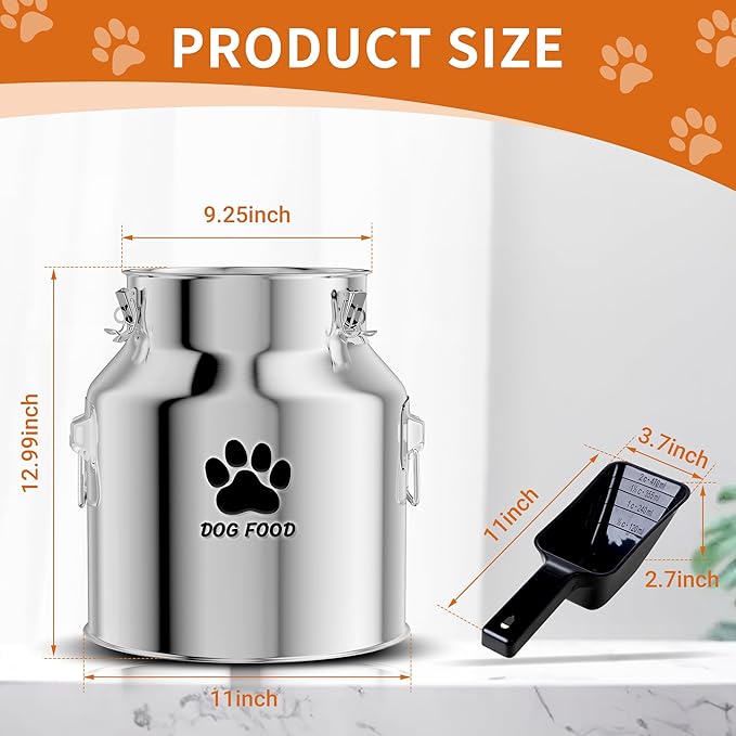 Metal Dog Food Storage Container 18Lbs, Stainless Steel Dog Food Storage Container with Lids Airtight, Pet Food Storage Container for Dogs, Cat Food Bin with Spoon, Keep Food Fresh, Easy to Clean