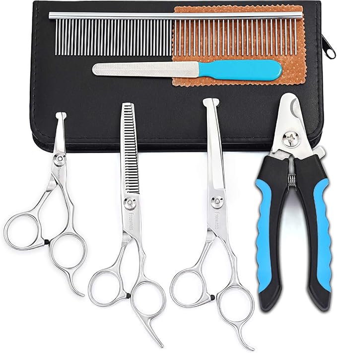 Dog Grooming Scissors Kit - Safety Round Tip, Heavy Duty Stainless Steel Scissors and Nail Clippers for Full Body Grooming