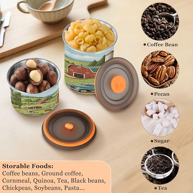 Rustic Farm Meadow Coffee Canister 17oz Stainless Steel Airtight Food Storage Container with Lid for Beans/Cereal Preserval