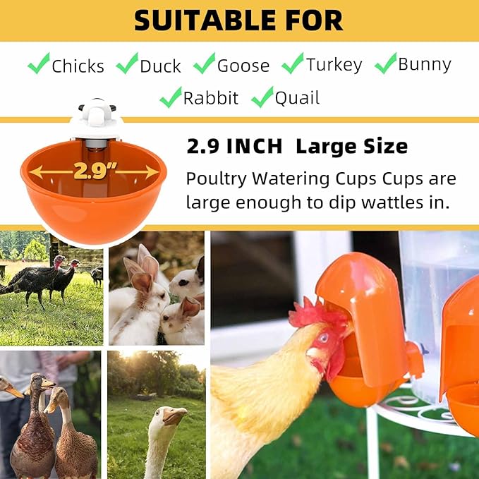 Chicken Waterer Cups Automatic (5 Pack), 2.9’’ Large Poultry Waterer Cups with Anti-Dirt Cover, Suitable for Chicks, Quail, Duck, Goose, Turkey, Rabbit and Bunny - (Orange)