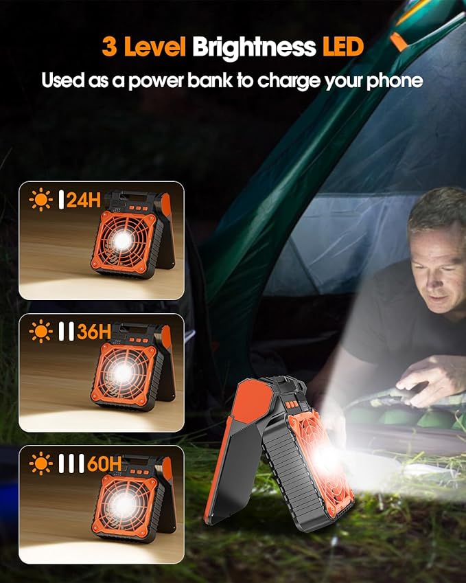 Solar Camping Fan 10400mAh, Solar Powered Fan with LED Lantern, 7W Rechargeable Battery Operated Fans for Outside, 4 Speeds, 2-8H Timer and Quiet Battery Powered Solar Tent Fans for Outdoor, Barbecue