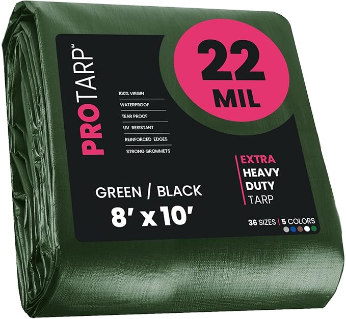 PROTARP Extreme Heavy Duty 22 Mil Tarp Cover, Waterproof, UV Resistant, Rip and Tear Proof, Poly Tarpaulin with Reinforced Edges for Roof, Camping, Patio, Pool, Boat. (Green/Black 8′ X 10′)