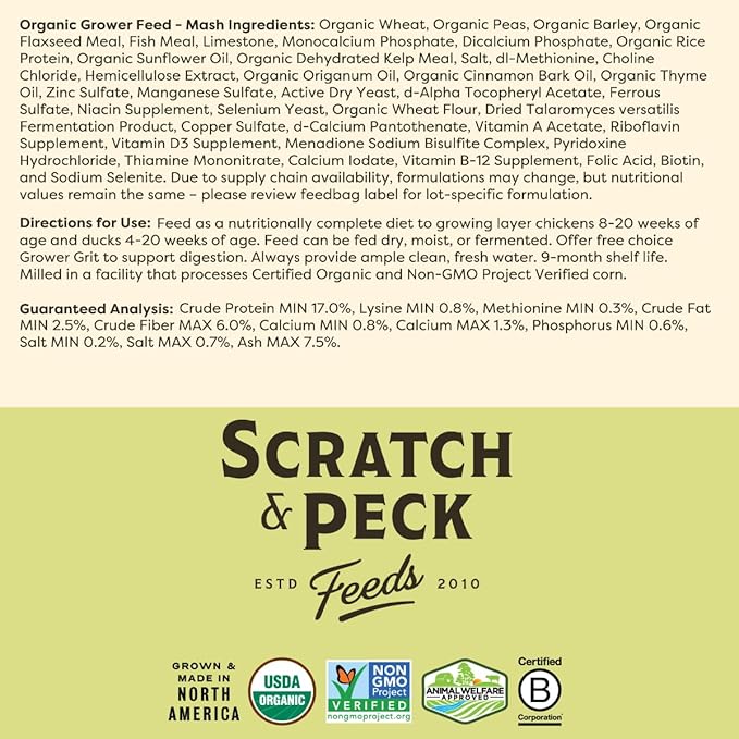 Scratch and Peck Whole Grain Grower Mash Chicken and Duck Feed - 10 lbs Bag - Corn-Free and Soy-Free - 17% Protein, Certified Organic and Non-GMO Project Verified Chicken Food (Pack of 2)