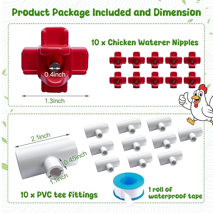 10 Pack Horizontal Side Mount Chicken Waterer Nipples, DIY Automatic Poultry Nipples, Non-Leak Chicken Waterer Drinker Kits with 1/2" PVC Tee Fittings, Organized&Clean Chicken Watering System