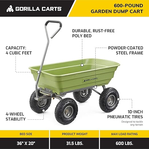 Gorilla Carts Poly Garden Dump Cart, 4 Cu Ft Tub, 600 lb Haul Capacity, Green – Heavy-Duty Utility Wagon with Quick-Release Dumping & Pneumatic Tires for Yard, Landscaping and Gardening